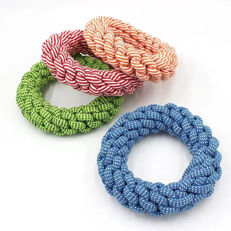 Cotton string braided ring dog chew toy measuring 18cm with knotted texture