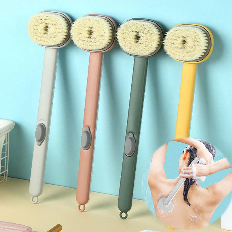 Multifunctional detachable shower brush in yellow, grey, green, and pink with ergonomic handle