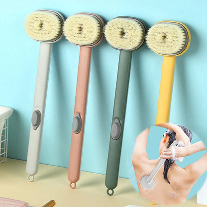 Multifunctional detachable shower brush in yellow, grey, green, and pink with ergonomic handle