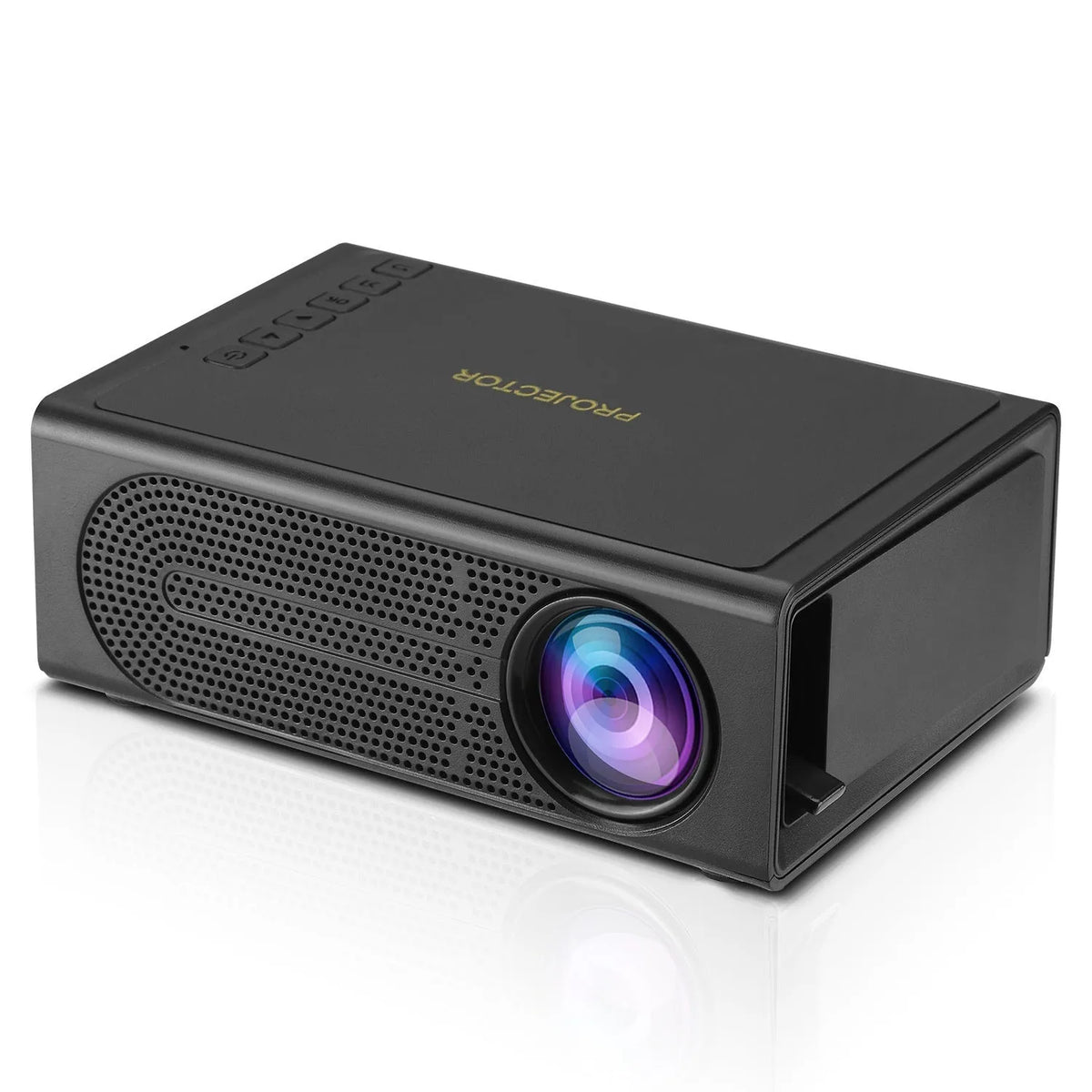 Portable mini projector in black with wired cable for mobile phone screen mirroring