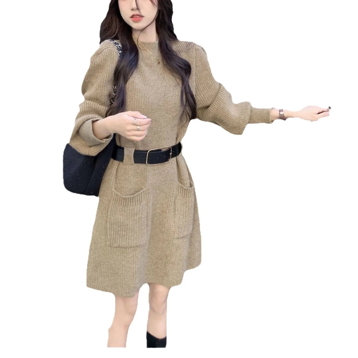 Long sleeve knitted dress for women in beige with high waist and included black belt