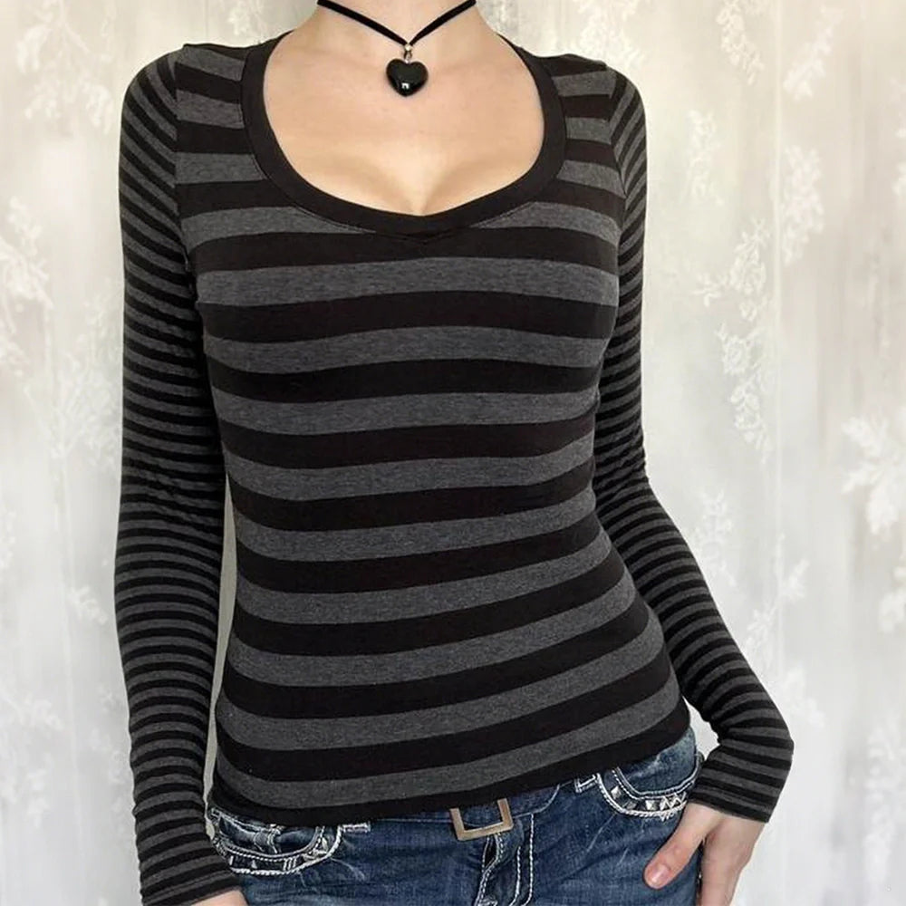 Black and grey striped women's long sleeve sweater t-shirt with slim fit European styling
