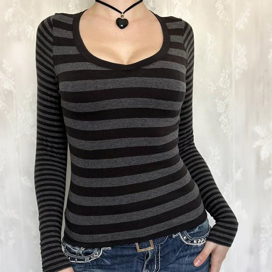 Black and grey striped women's long sleeve sweater t-shirt with slim fit European styling