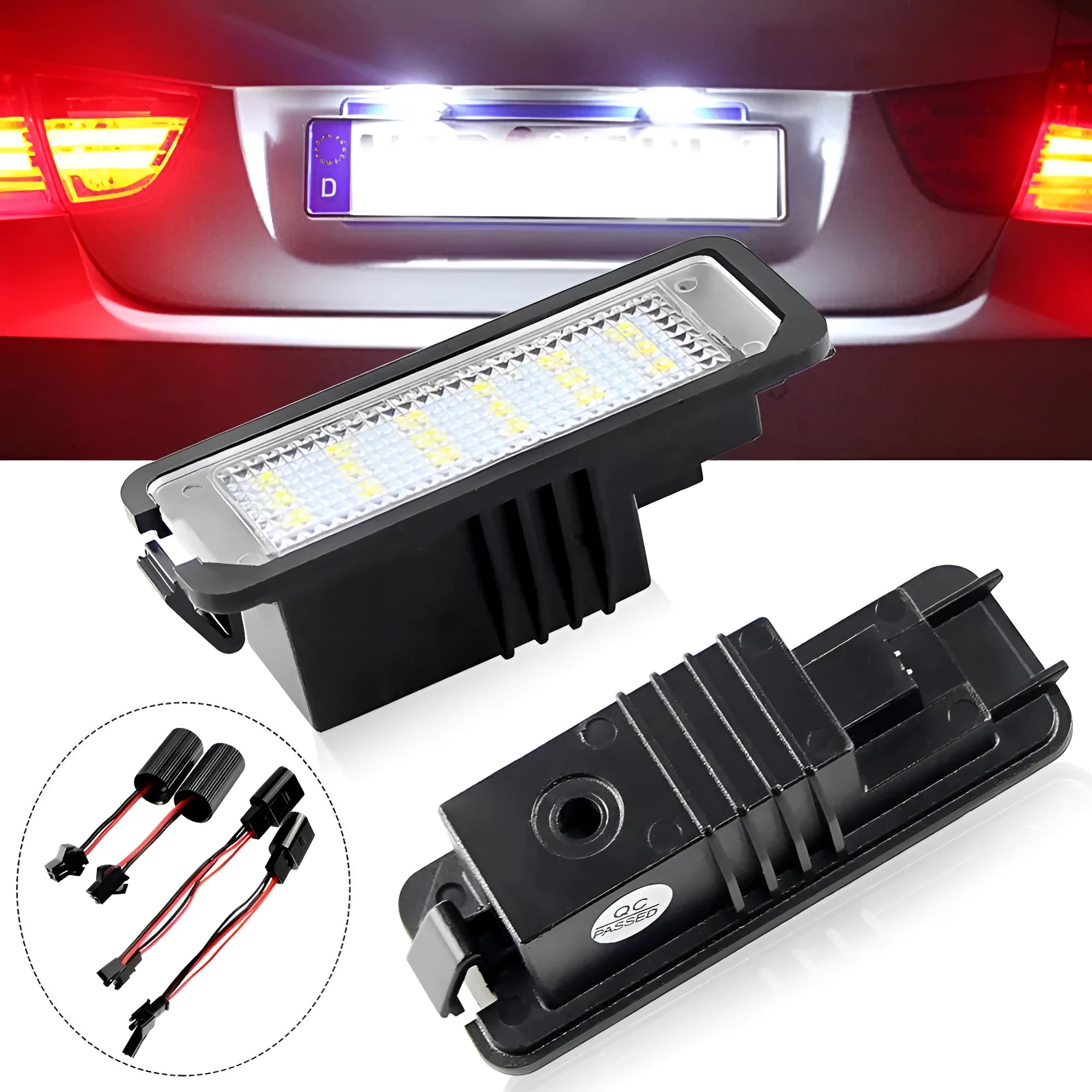 Two Volkswagen LED license plate light bulbs with white LEDs and electrical connectors.