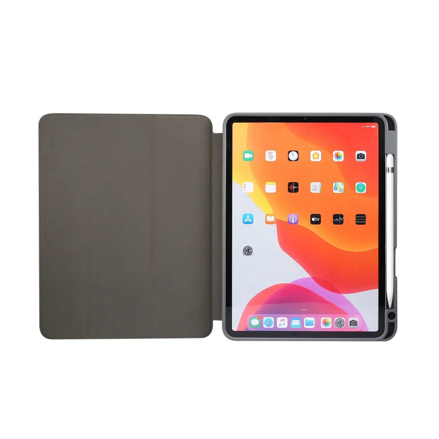 Tri-fold marbling print imitation leather iPad case with a built-in pen slot, shown in dark gray.