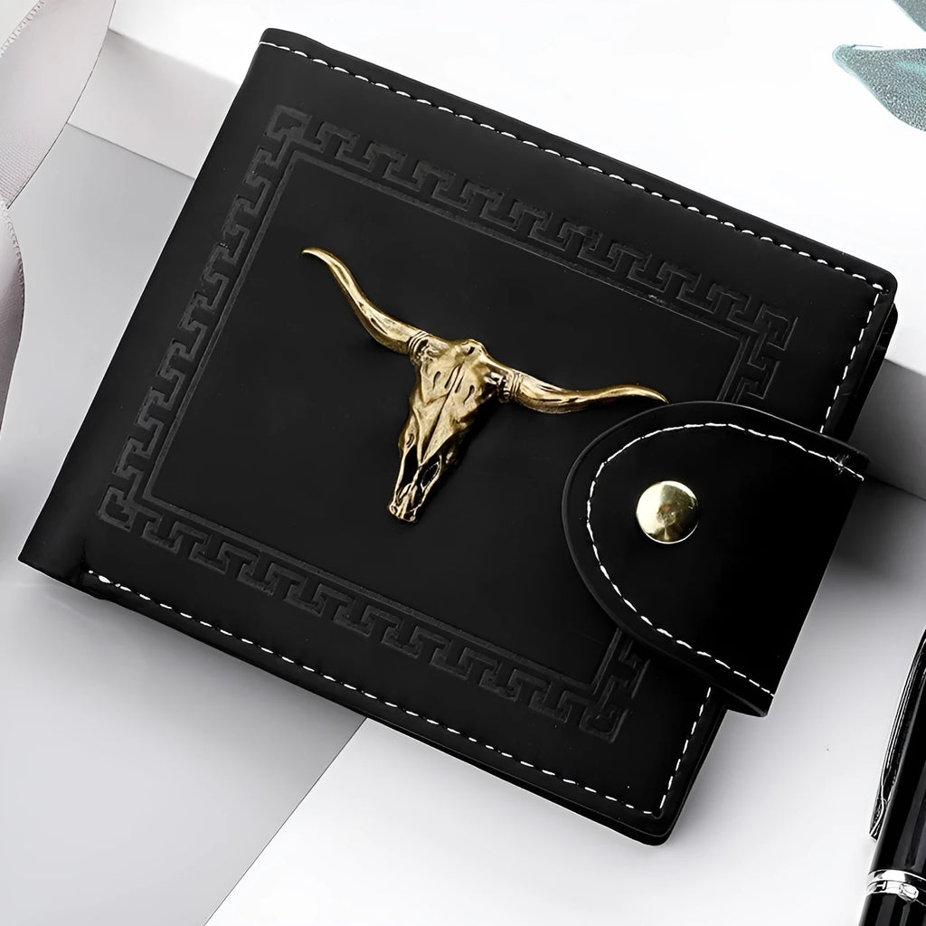 Black men's wallet with animal pattern, zipper closure, and multiple card slots made from PU leather