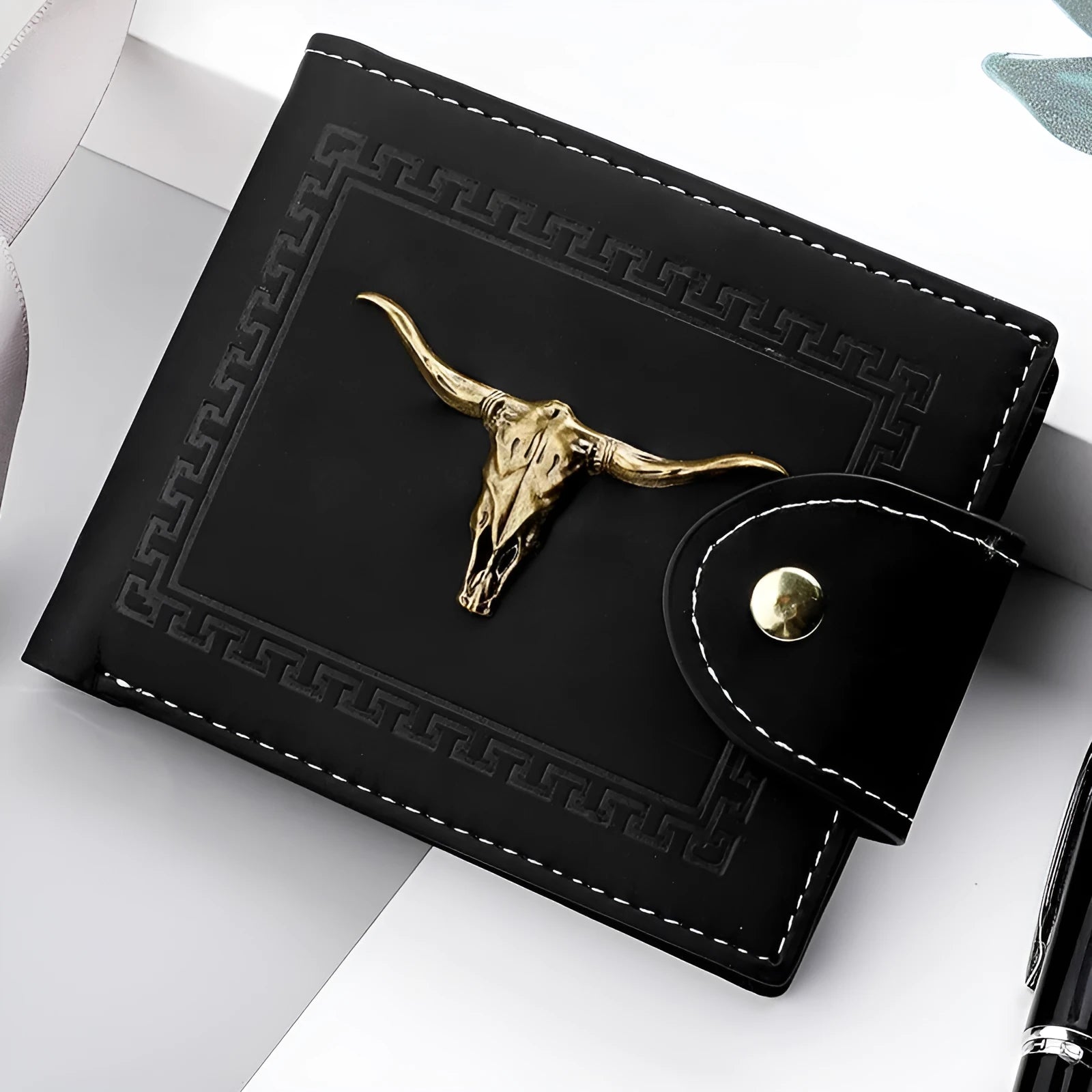 Black men's wallet with animal pattern, zipper closure, and multiple card slots made from PU leather