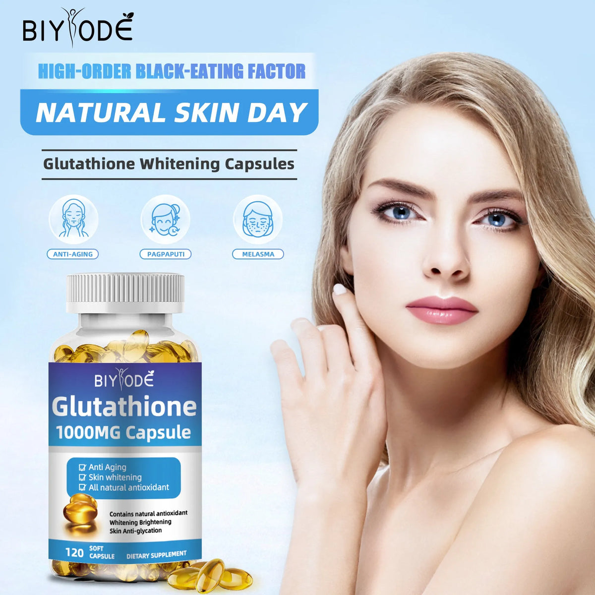Bottle of Biyode L-Glutathione softgels skin care supplement 120 capsules