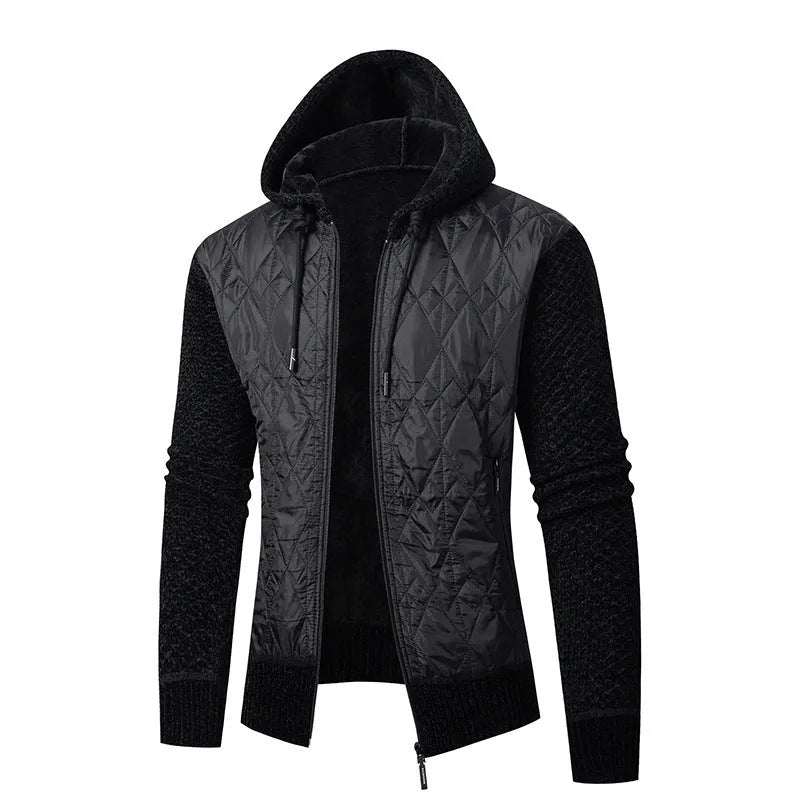 A grey men's hooded cardigan coat with a cinched waist, made from wool-blend corduroy.