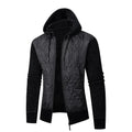 A grey men's hooded cardigan coat with a cinched waist, made from wool-blend corduroy.