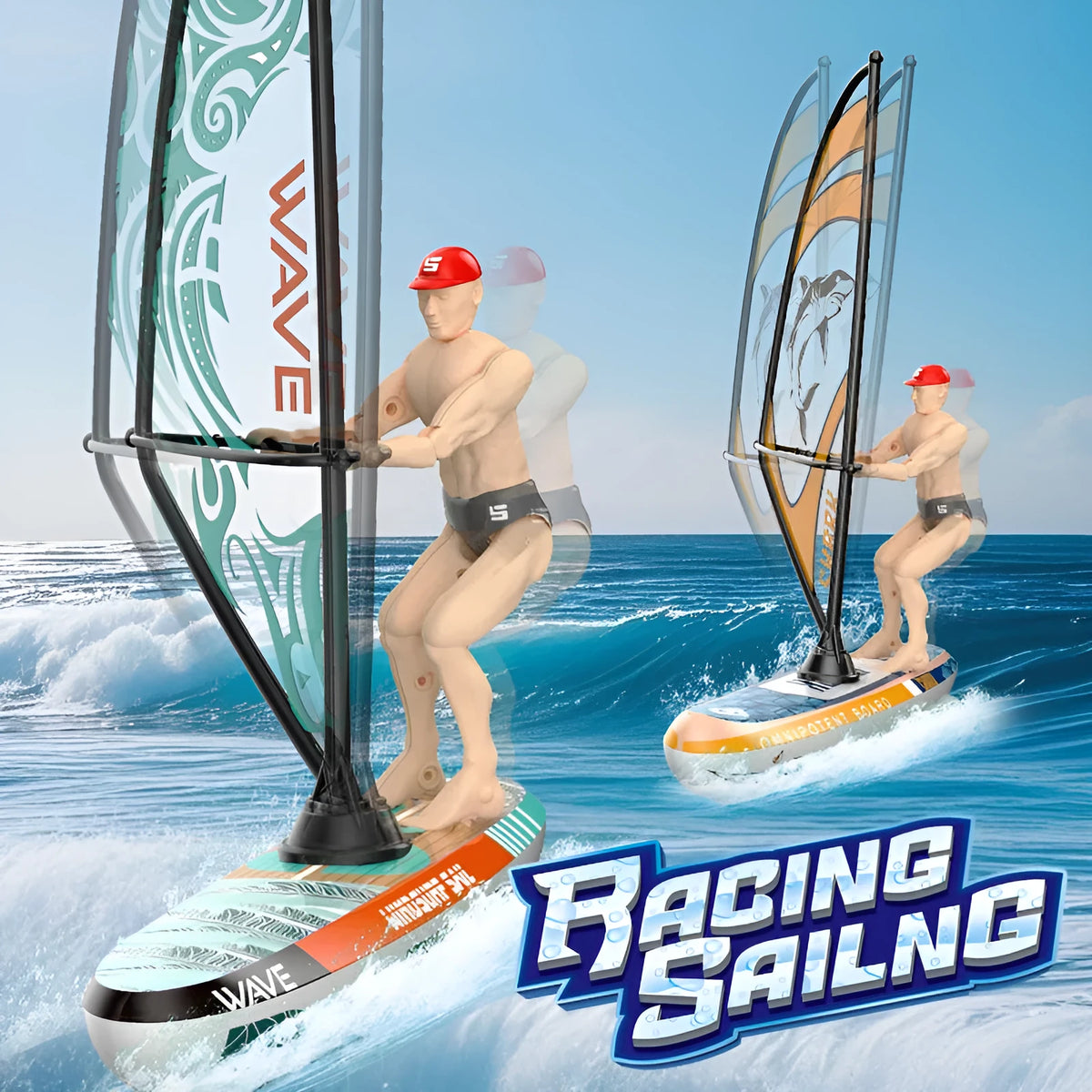 Remote control plastic sailboat toy in blue green and yellow colours for teenage outdoor water play