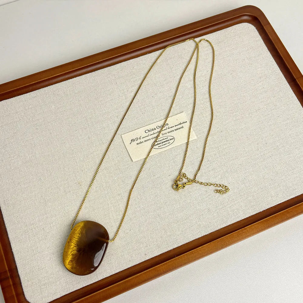 Square tigereye pendant necklace on a long alloy chain, coffee colour, geometric design, 70cm length