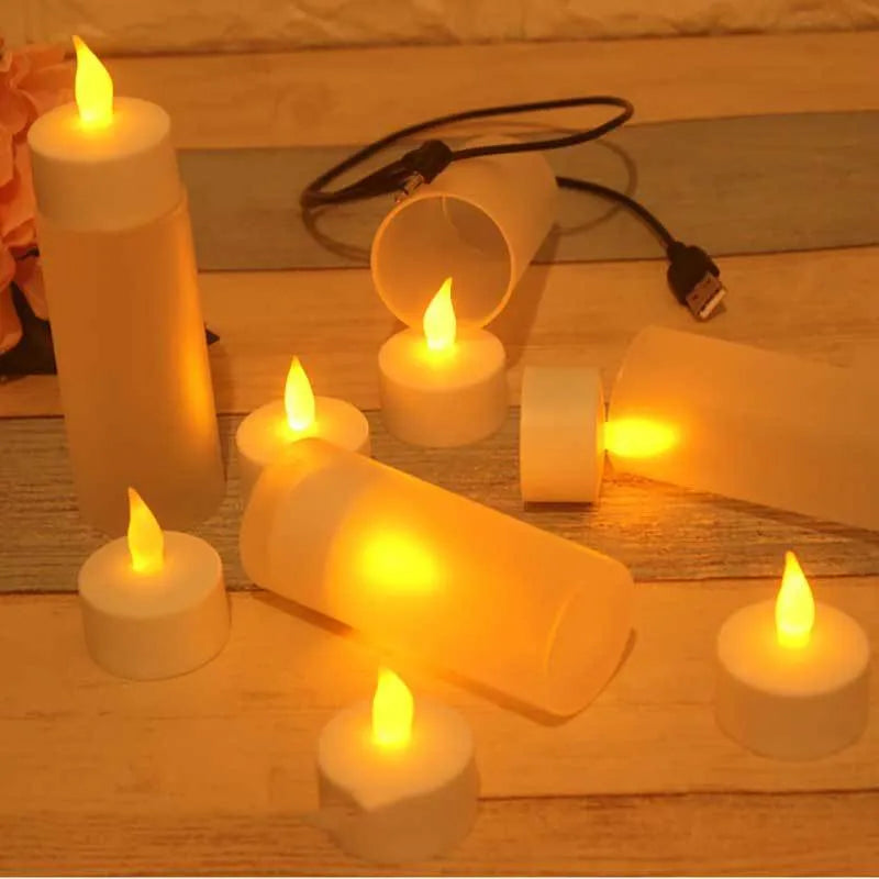 White plastic USB rechargeable LED candle lamp with flickering flame on plastic cup.