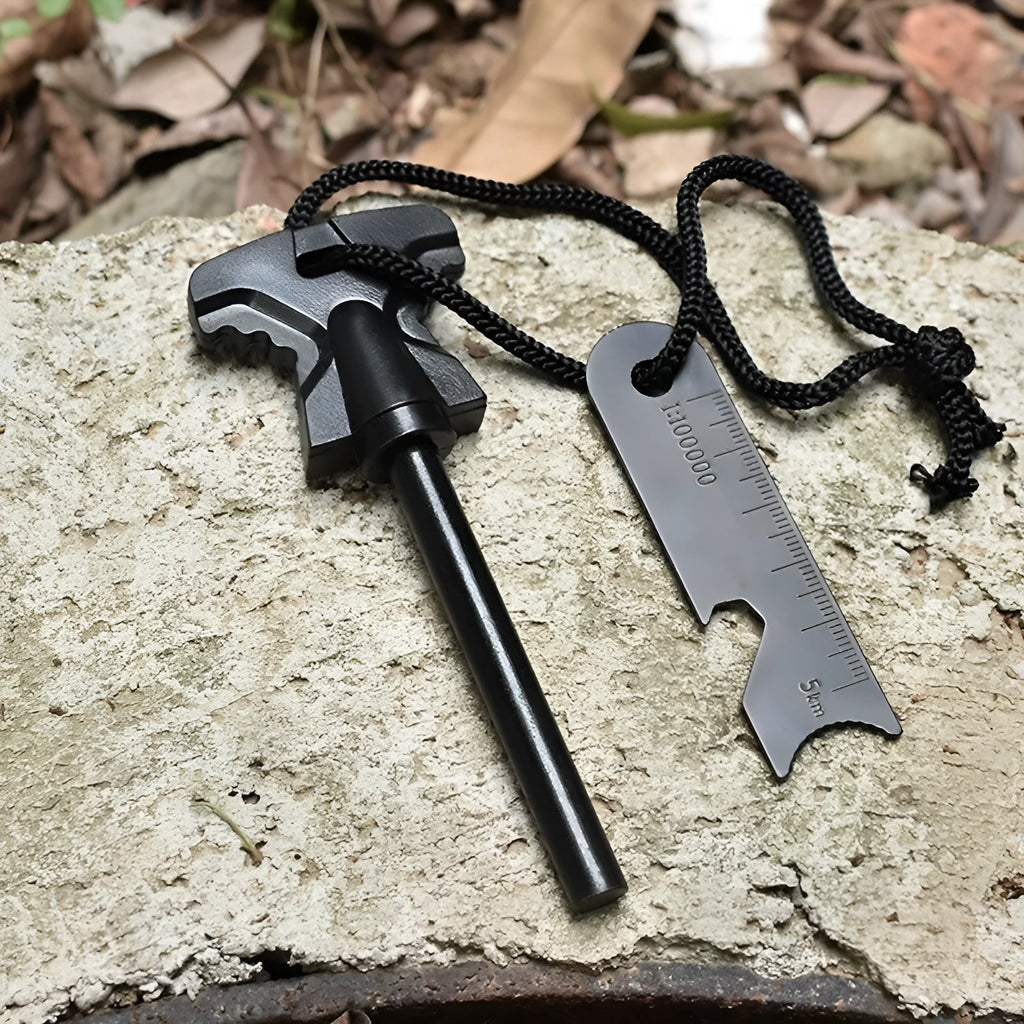 Butterfly-shaped stainless steel survival tool with firestone and bottle opener