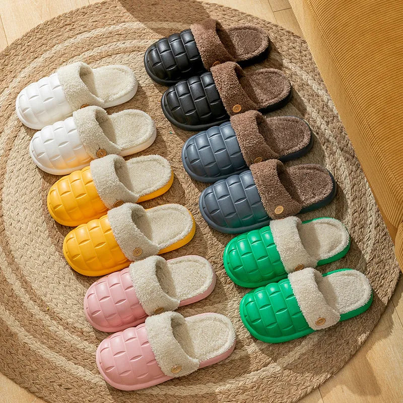 Plaid detachable EVA slippers with non-slip soles and plush lining in pink, green, yellow, white, grey, and black.