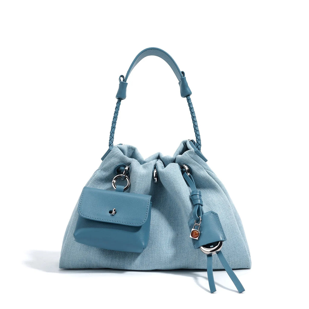 Denim oval handbag with open pocket, 29x20x12cm, urban simplicity style, blue option