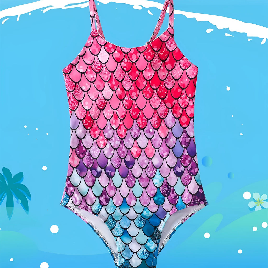 Girls' mermaid one-piece swimsuit in polyester fabric with high elasticity for swimming