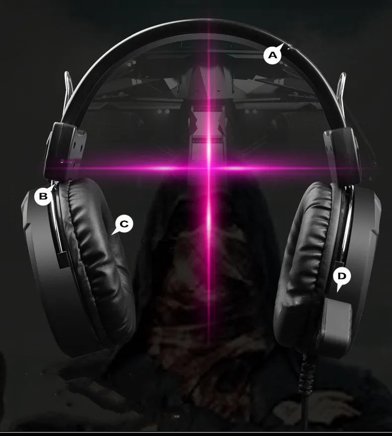 Black wired gaming headset with microphone and luminous glow for PC computer gaming