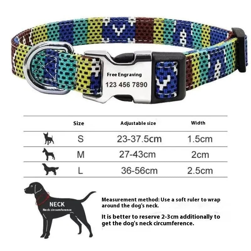 Canvas dog collar with semi-metal buckle in bohemian blue pattern for medium and large dogs