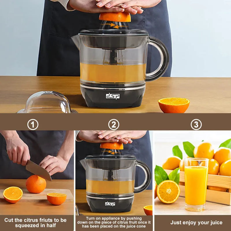 Black manual orange juice extrusion juicer with 0.7L capacity and ABS construction on a kitchen counter