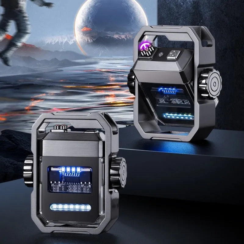 Pulse electric lighter showing windproof double plasma arc and integrated mechanical gyroscope toy in zinc alloy body.