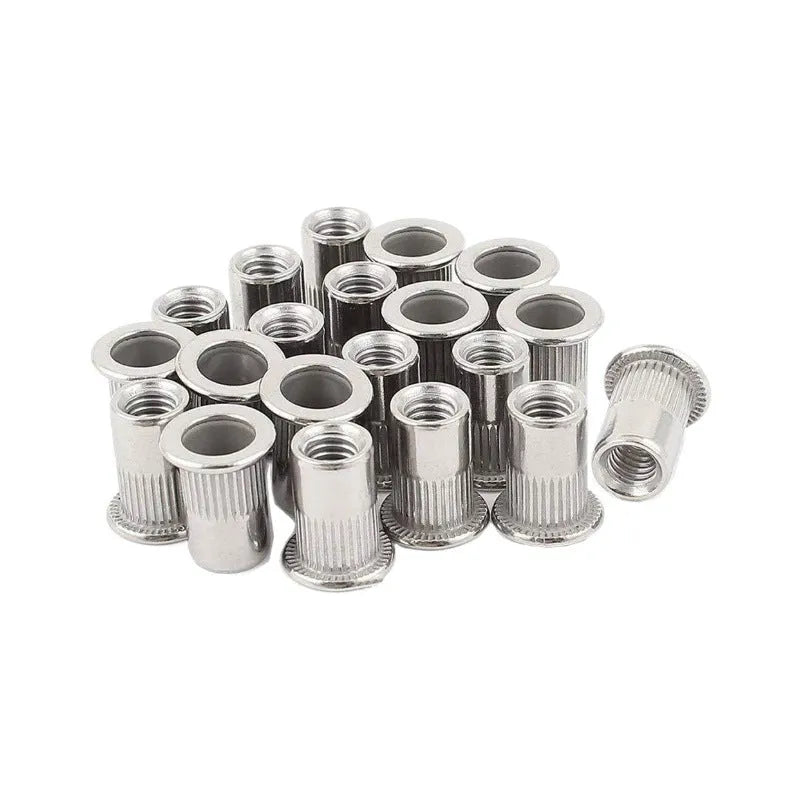 304 stainless steel flat head threaded rivet nut kit with 5/16-18 UNC thread, 0.4in body diameter, 1.5cm head, and 0.75in length