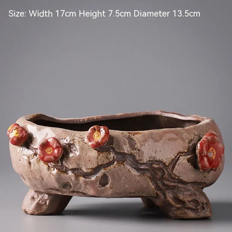 Hand-painted ceramic flower pot with pastoral design and large planting area