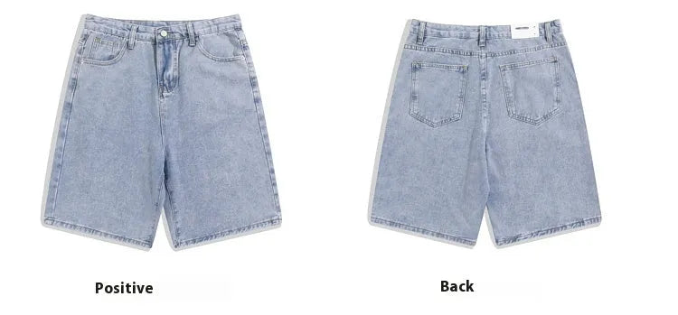 Men's light blue denim casual shorts with five pockets and a straight leg on a mid-waist.