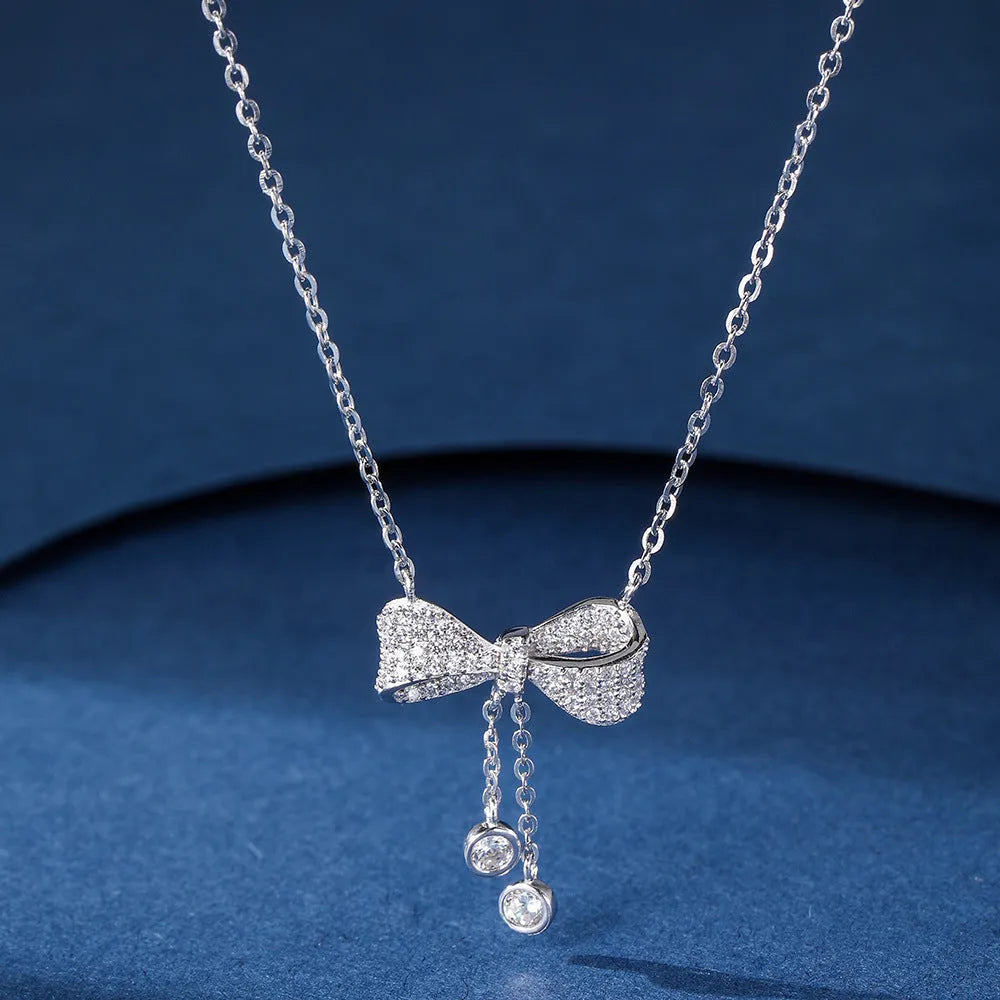 S925 sterling silver bow pendant necklace with O-ring chain, silver colour, 40-45cm adjustable length