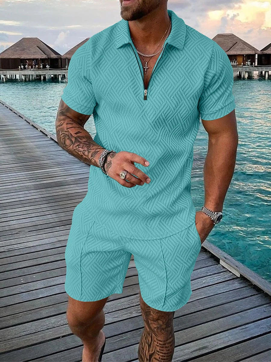 Men's casual contrast polo zip lapel shirt with short sleeve suit in various colours