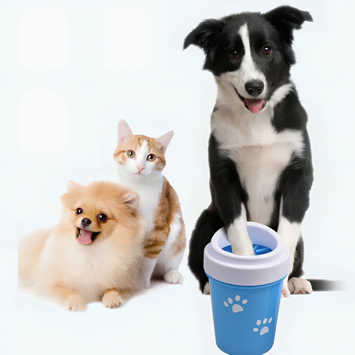 Blue silicone dog paw cleaning cup with soft bristles and stable base design