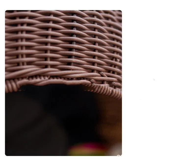Hand-woven gourd grass cat nest in apricot colour with plastic frame, top view