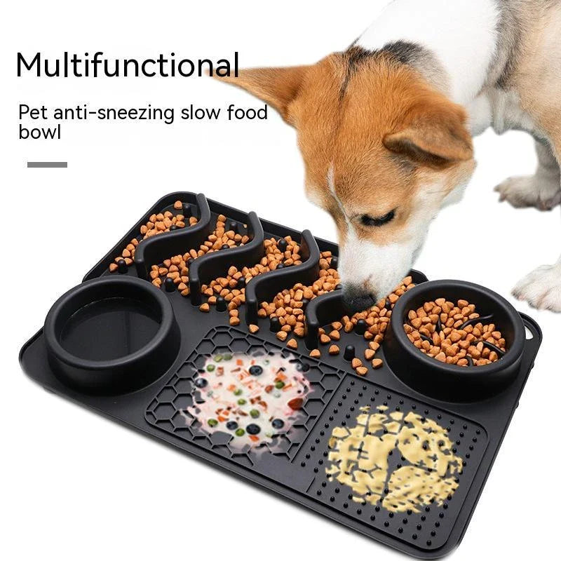 Premium silicone slow feeder licking mat for dogs, available in small and large sizes with textured surface to slow down eating pace and promote dental health