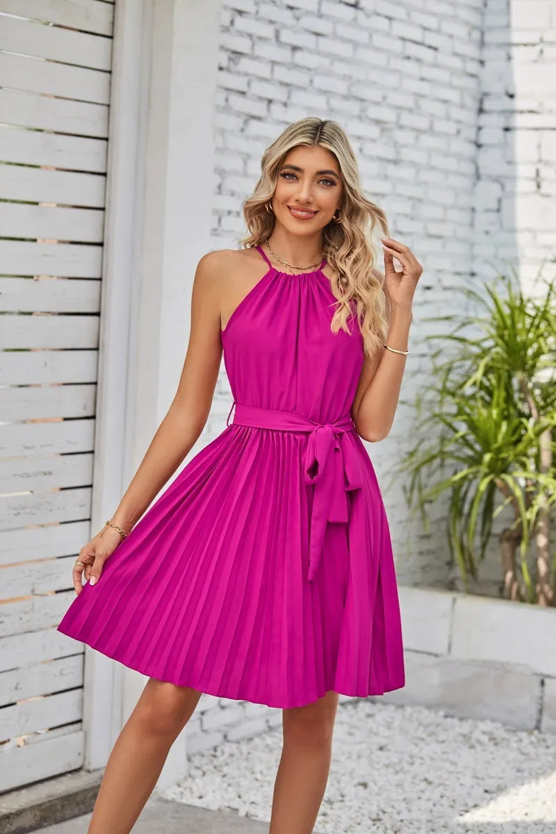 Women's halter neck strapless sundress with pleated skirt in various colours