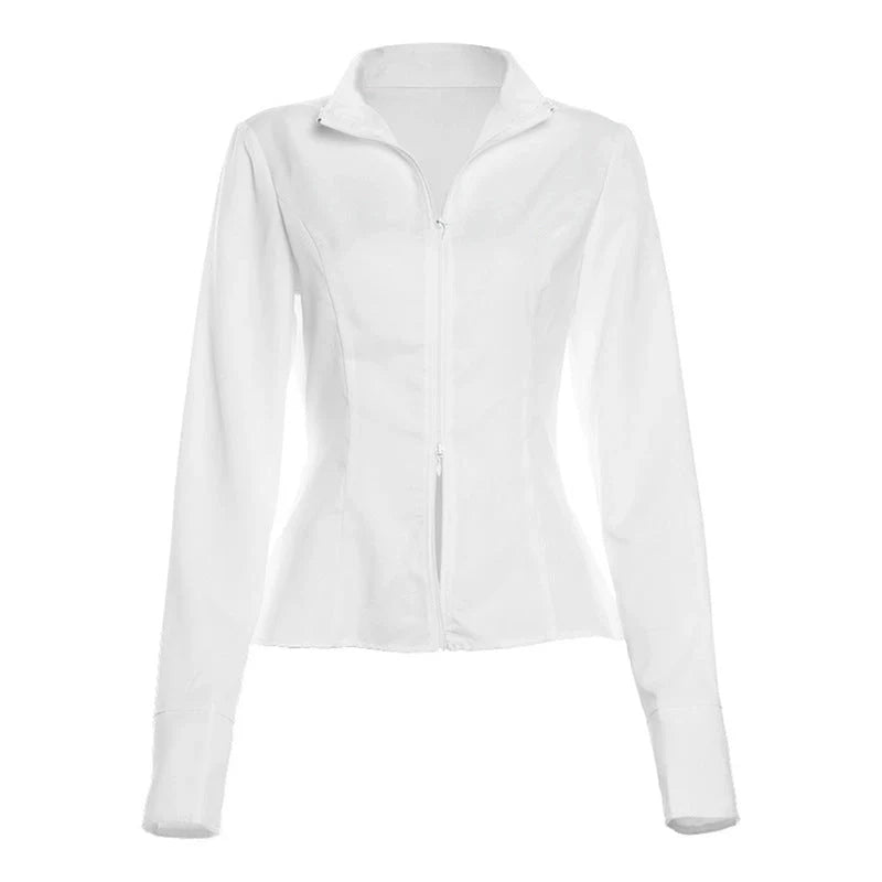 Women's slim suits V-neck zipper long-sleeved top and mini skirt two-piece set in white and black