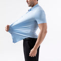 Men's short sleeve elastic spandex shirt in cardigan style, non-ironing, shown in multiple colours.