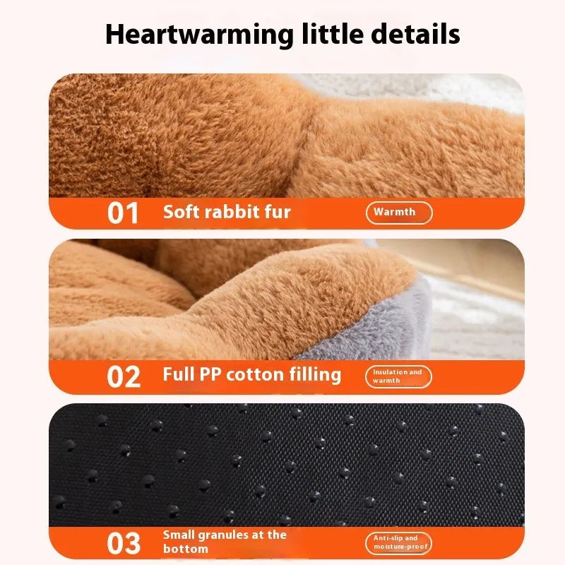 A thick round rabbit plush pet bed in a soft colour, shown detached for washing.