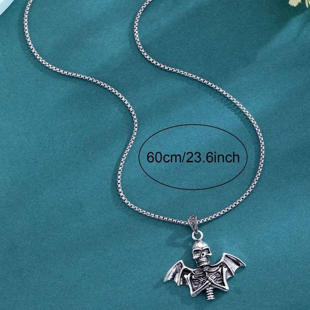 Angel skull retro punk men's collarbone chain necklace with silver-tone metal pendant and adjustable chain