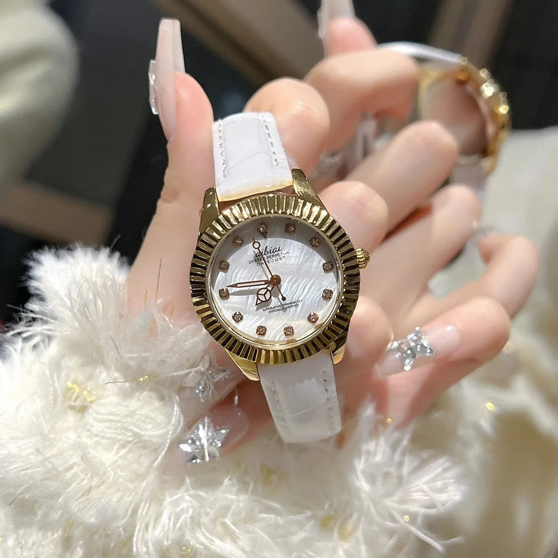Steel watch for women with rose shell dial and black leather strap