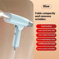 Blue and white handheld garment steamer with water tank and nozzle on a white background