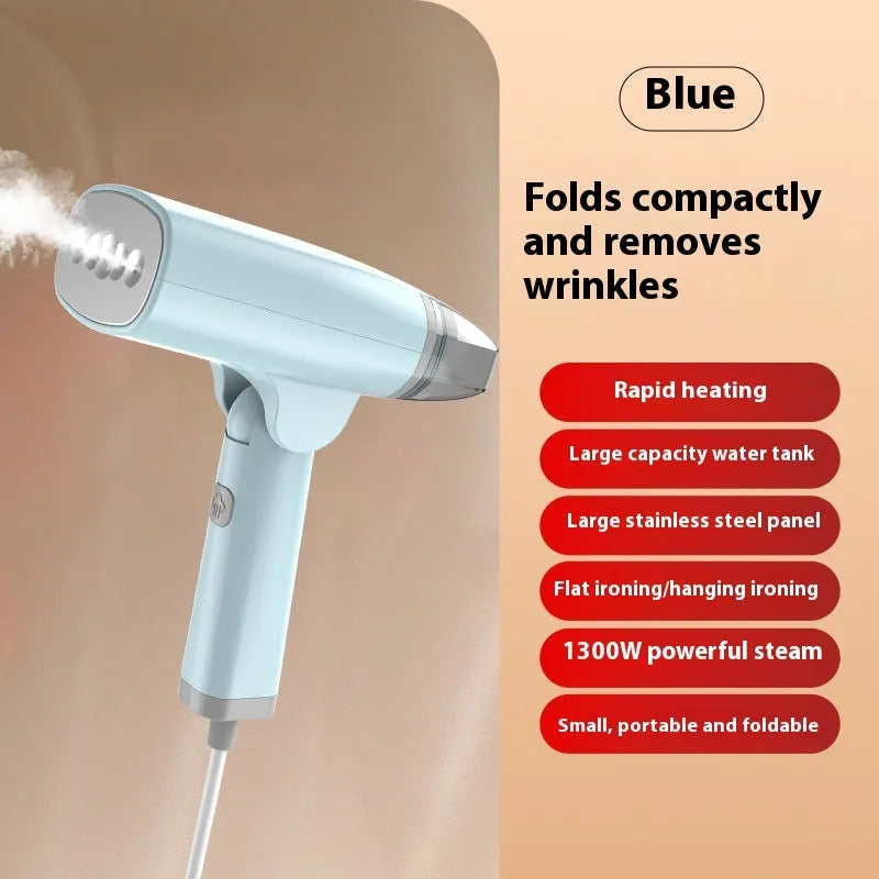 Blue and white handheld garment steamer with water tank and nozzle on a white background