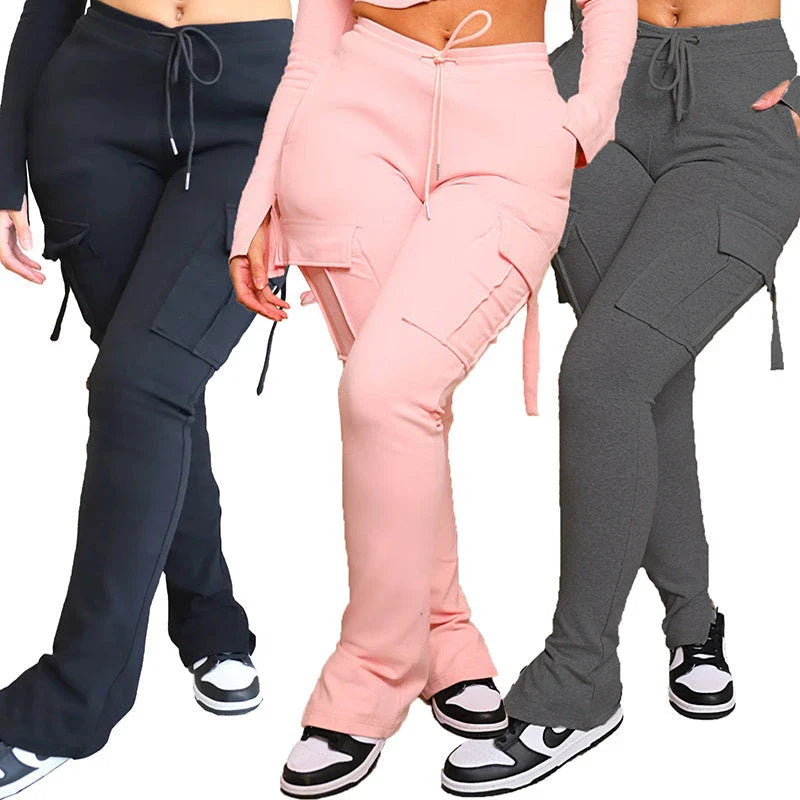Comfortable cargo pants with pockets, high-waisted design, and drawstring waist for women