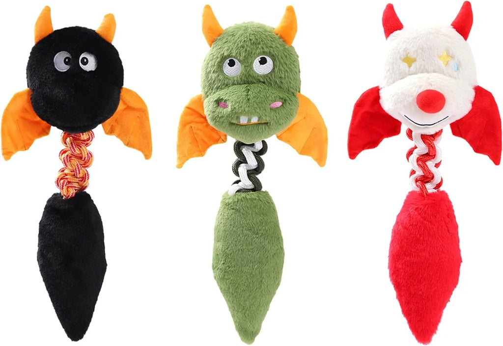 Interactive plush dog toy with squeaker and crinkle paper in black, green, or red, measuring 44cm.