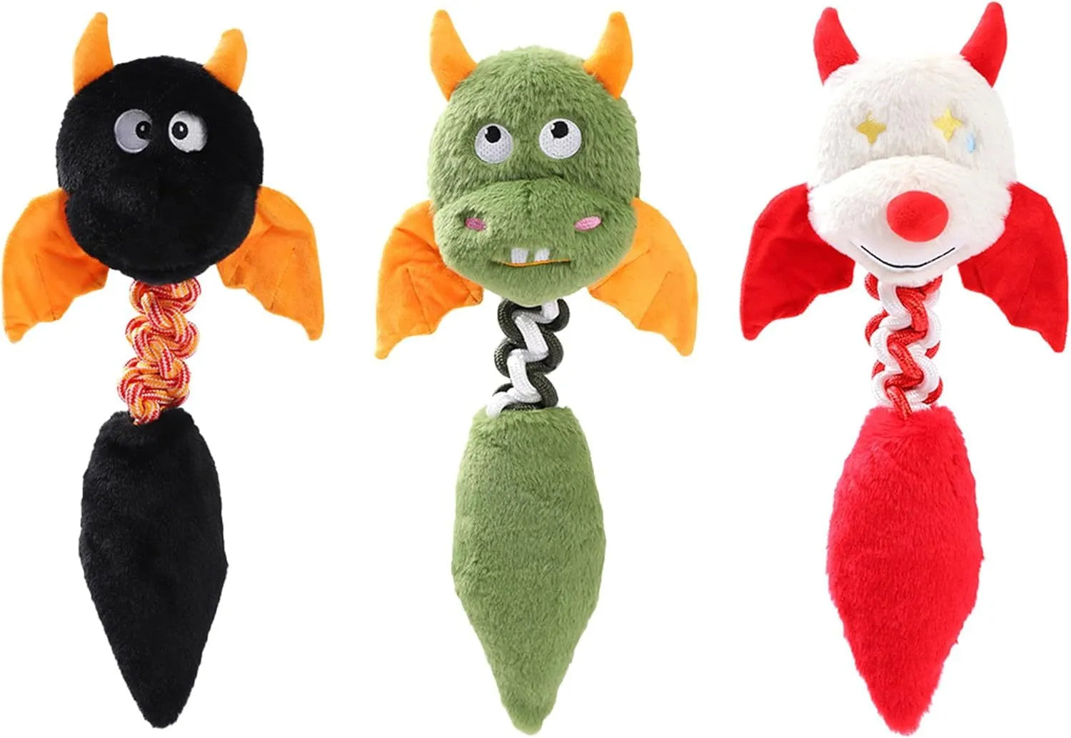 Interactive plush dog toy with squeaker and crinkle paper in black, green, or red, measuring 44cm.
