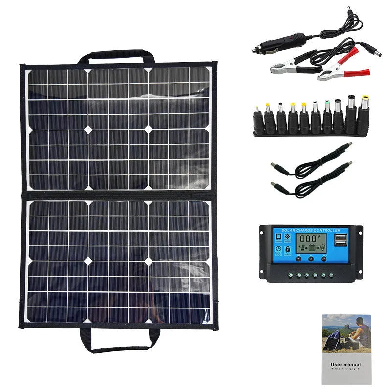 Black folding bag containing a 40W single crystal solar panel for portable outdoor charging.