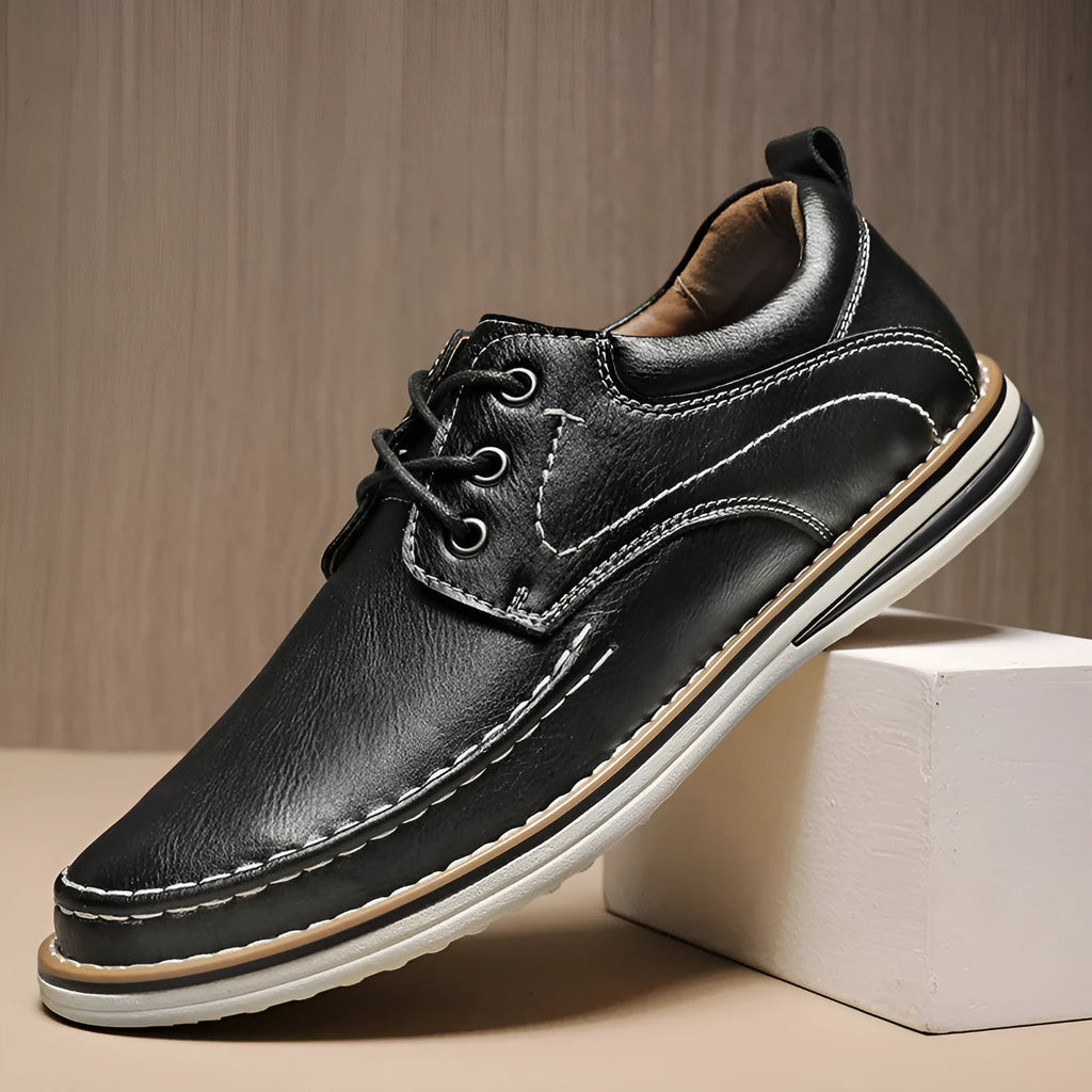 Men's black genuine leather casual shoes with round toe and front lace-up design