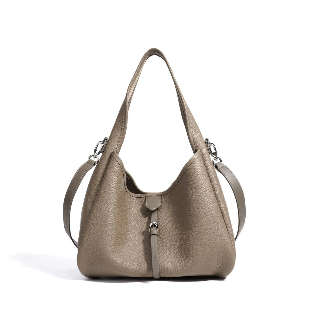 Fashion minimalist single shoulder crossbody handbag in genuine leather, bucket shape, milkshake white colour