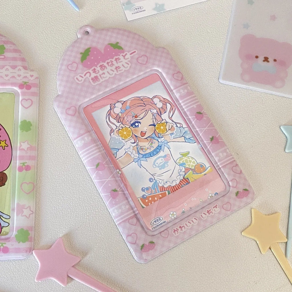 PVC card holder pendant with plaid strawberry design showing card visible through clear sleeve