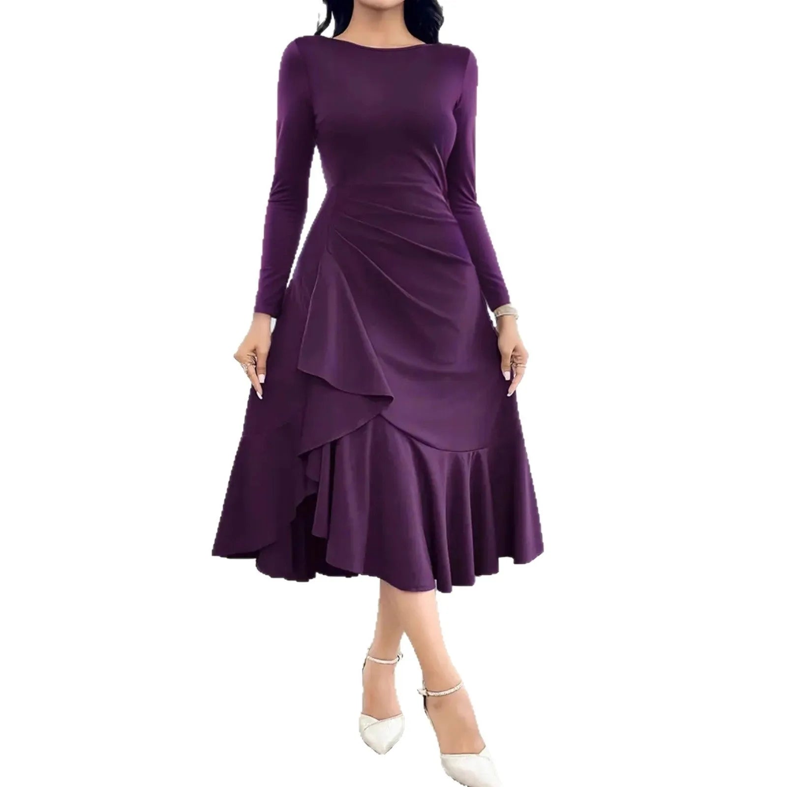 Purple women's long sleeve dress with ruffles and a round neck, showing a mid-waist fit.