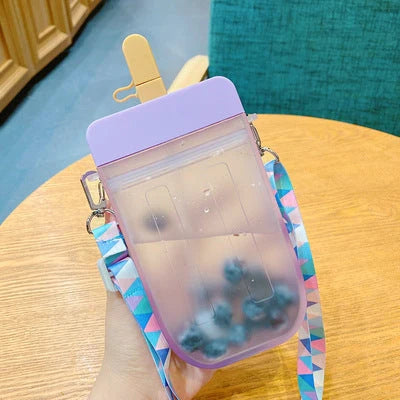 Children's summer water cup with straw in pink, blue, yellow, and purple options